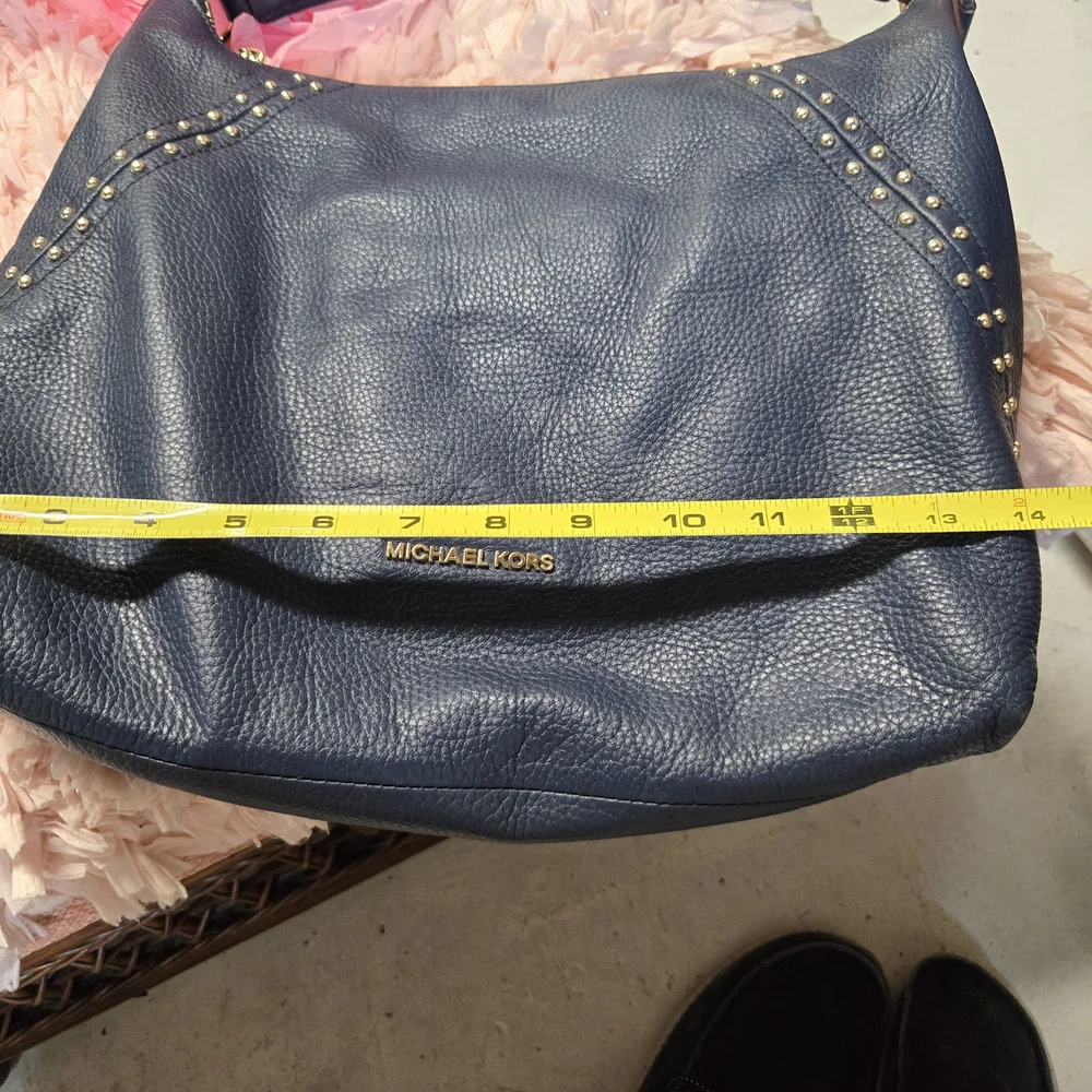 Michael Kors Navy Blue Leather Studded Shoulder Bag with Gold Hardware
